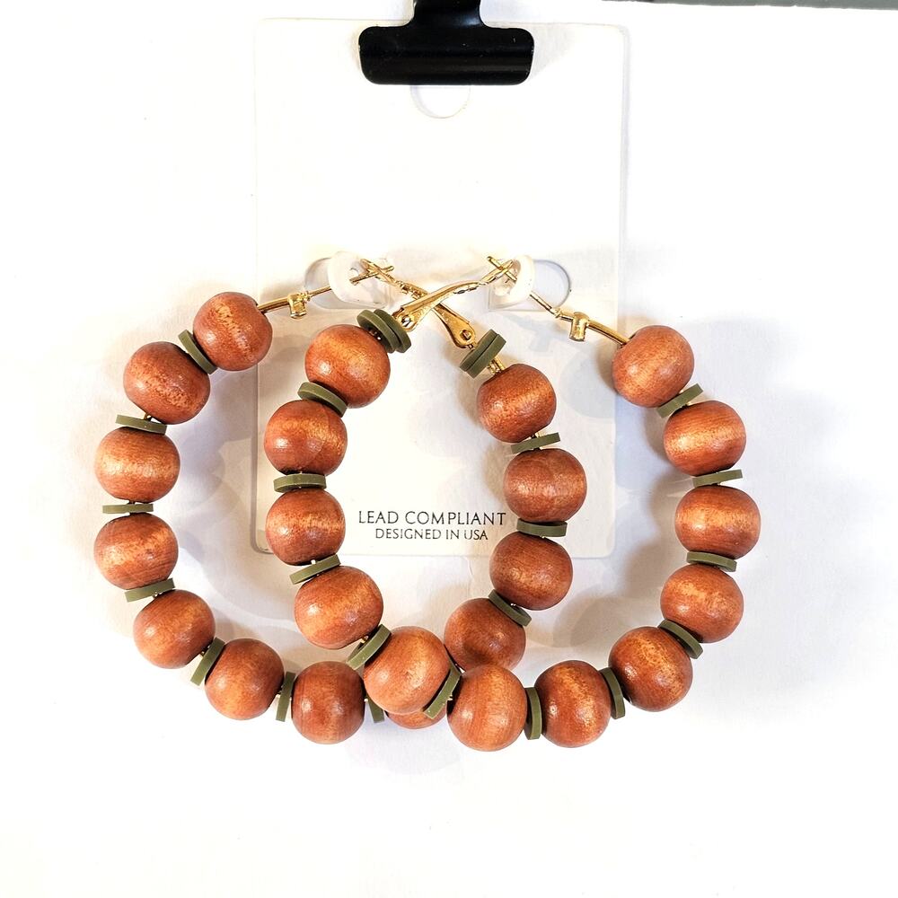 Wood Bead Hoop Earrings Brown  Boho Lightweight Pierced Retro Lead Free USA 2.3"